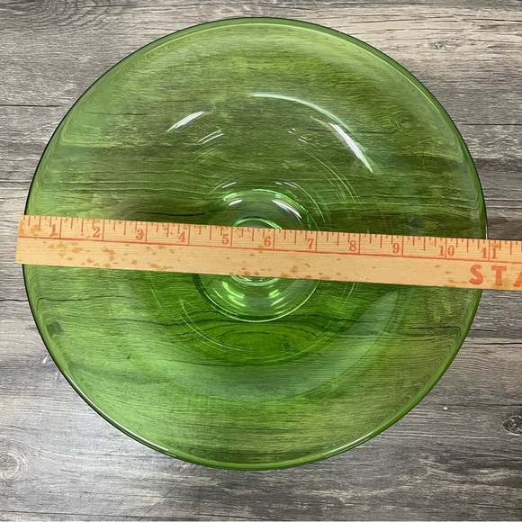 Vintage Mid-Century Italian Empoli Green Glass Tazza Compote Clear Foot Bowl 11" - Picture 5 of 9